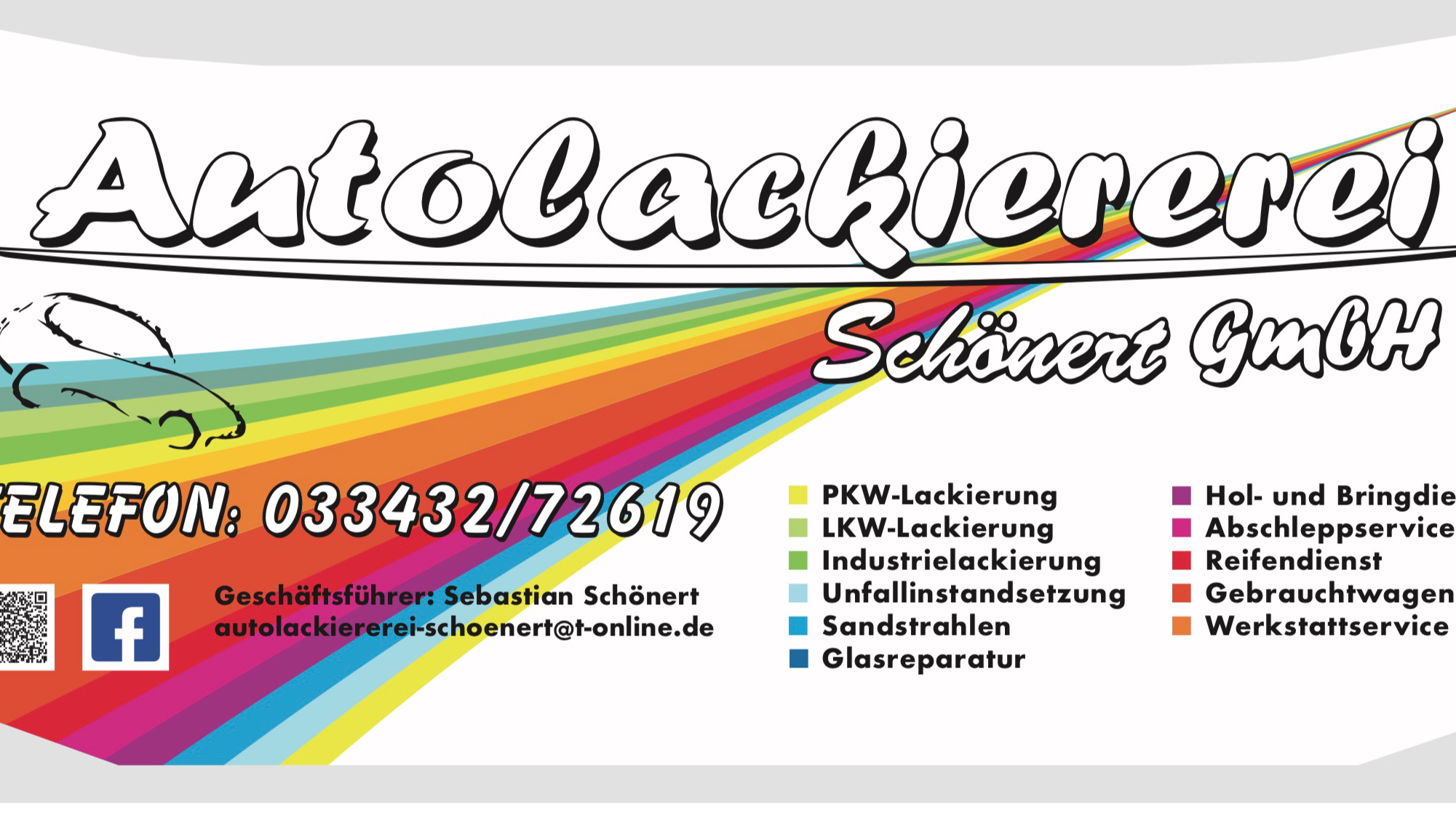 Werbebanner der Autolackiererei Schönert GmbH mit Leistungsübersicht